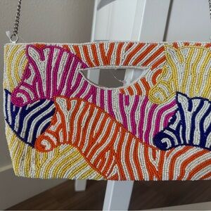 Tiana Multicolor Beaded Clutch with Zebra Pattern /shoulder bag with chain strap